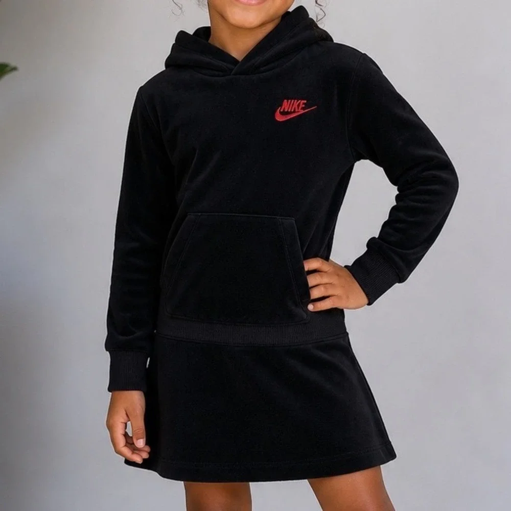 Nike Girls Black Velour Hoodie Dress Red Logo Long Sleeve 4T‎ Sporty Athleisure